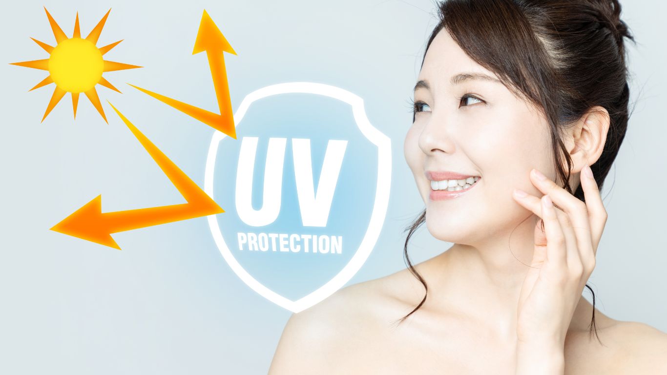 UV protection sign next to a fair asian looking woman